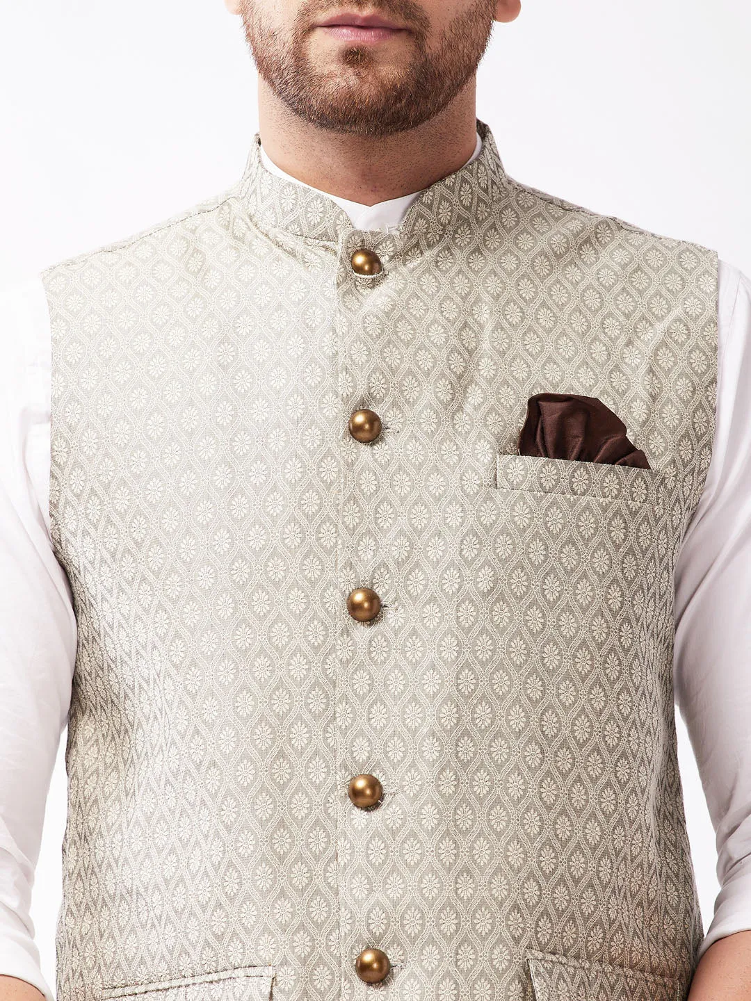 VASTRAMAY Men's Beige Jacquard Nehru Jacket