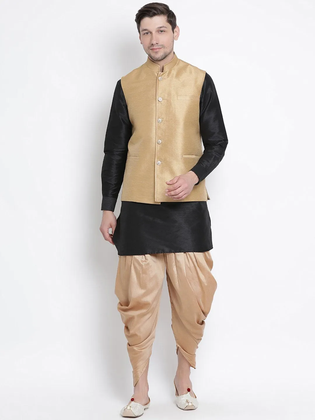 VASTRAMAY Men's Black Cotton Silk Blend Ethnic Jacket, Kurta and Dhoti Pant Set