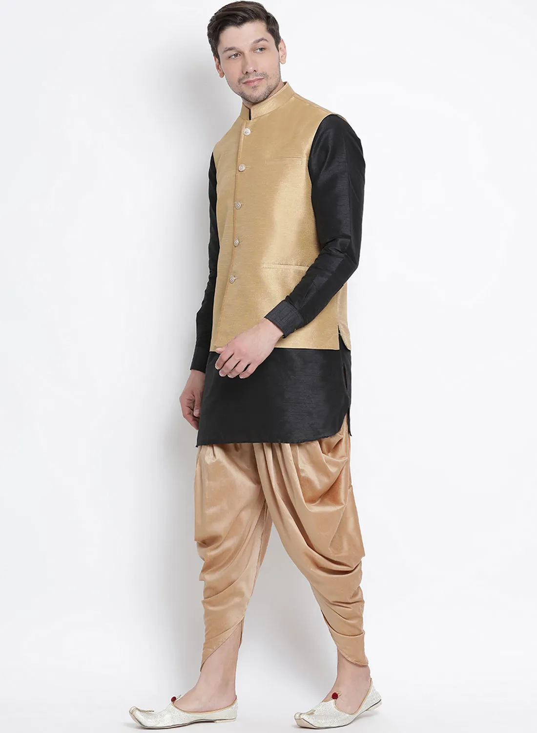 VASTRAMAY Men's Black Cotton Silk Blend Ethnic Jacket, Kurta and Dhoti Pant Set