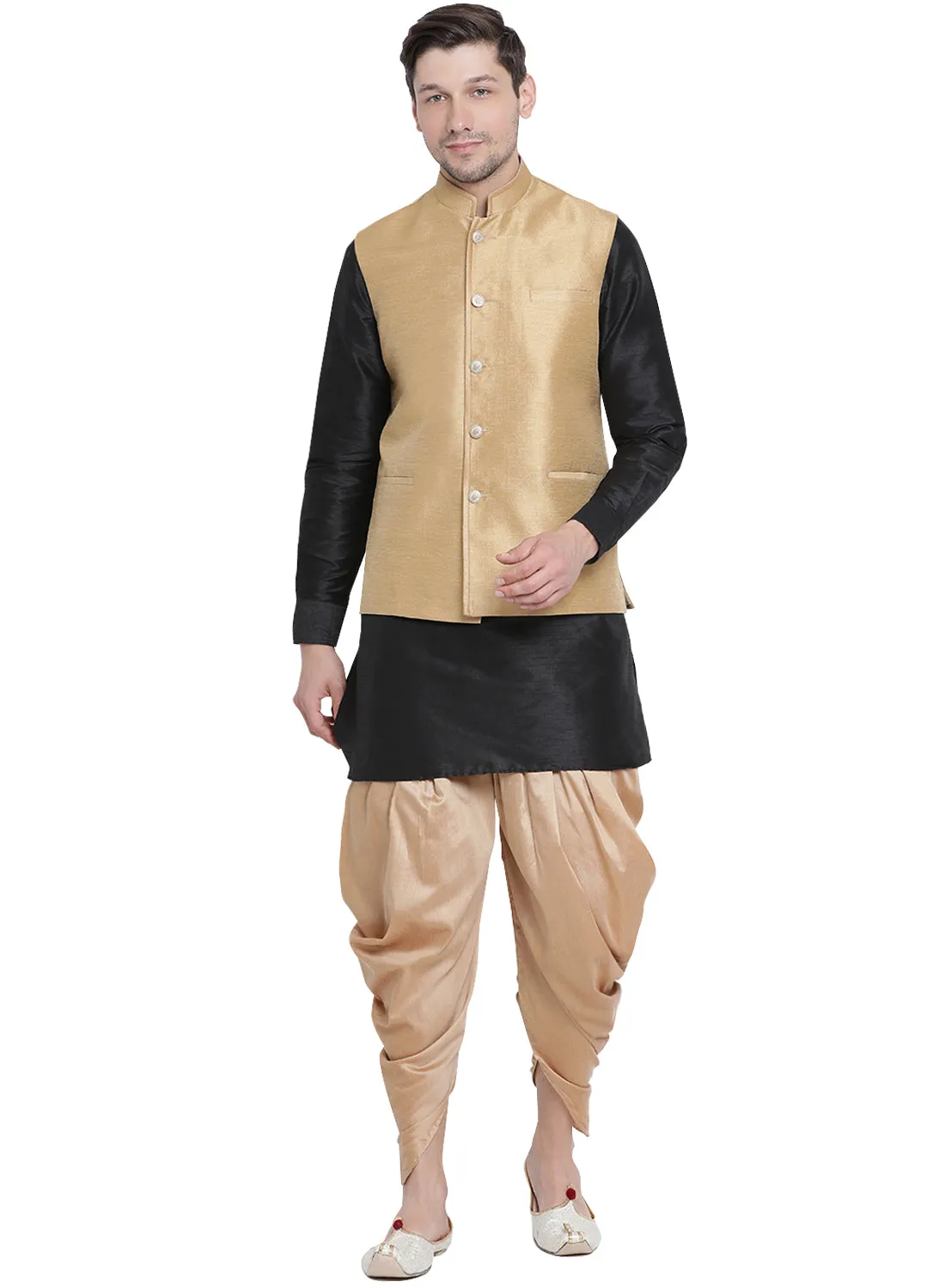 VASTRAMAY Men's Black Cotton Silk Blend Ethnic Jacket, Kurta and Dhoti Pant Set