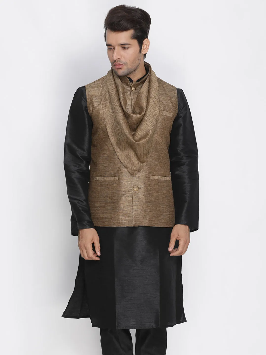 VASTRAMAY Men's Brown Cotton Silk Blend Ethnic Jacket