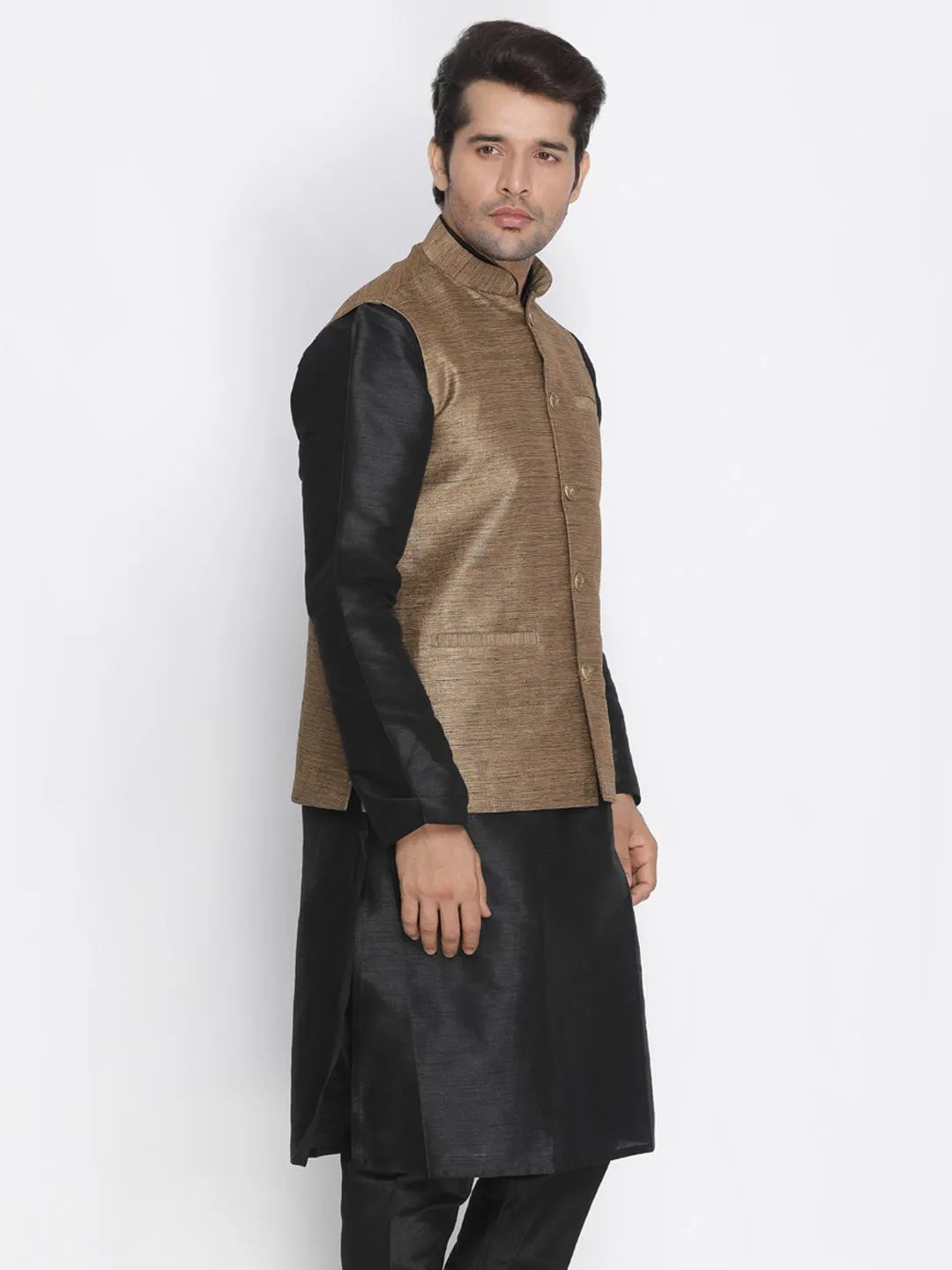 VASTRAMAY Men's Brown Cotton Silk Blend Ethnic Jacket