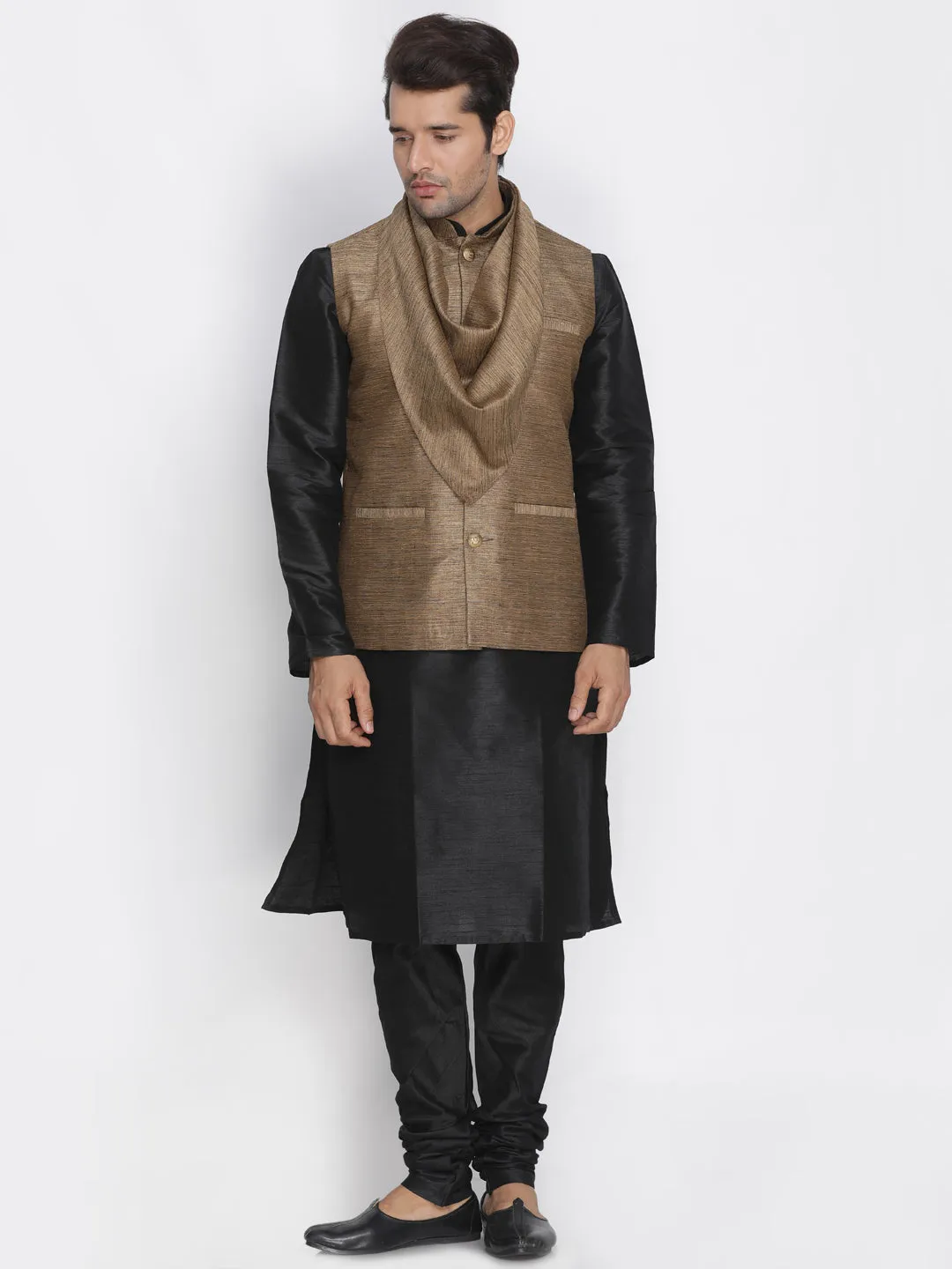 VASTRAMAY Men's Brown Cotton Silk Blend Ethnic Jacket