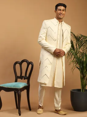 Vastramay Men's Cream Solid Kurta Pant Set With Mirror Over Coat Combo Set