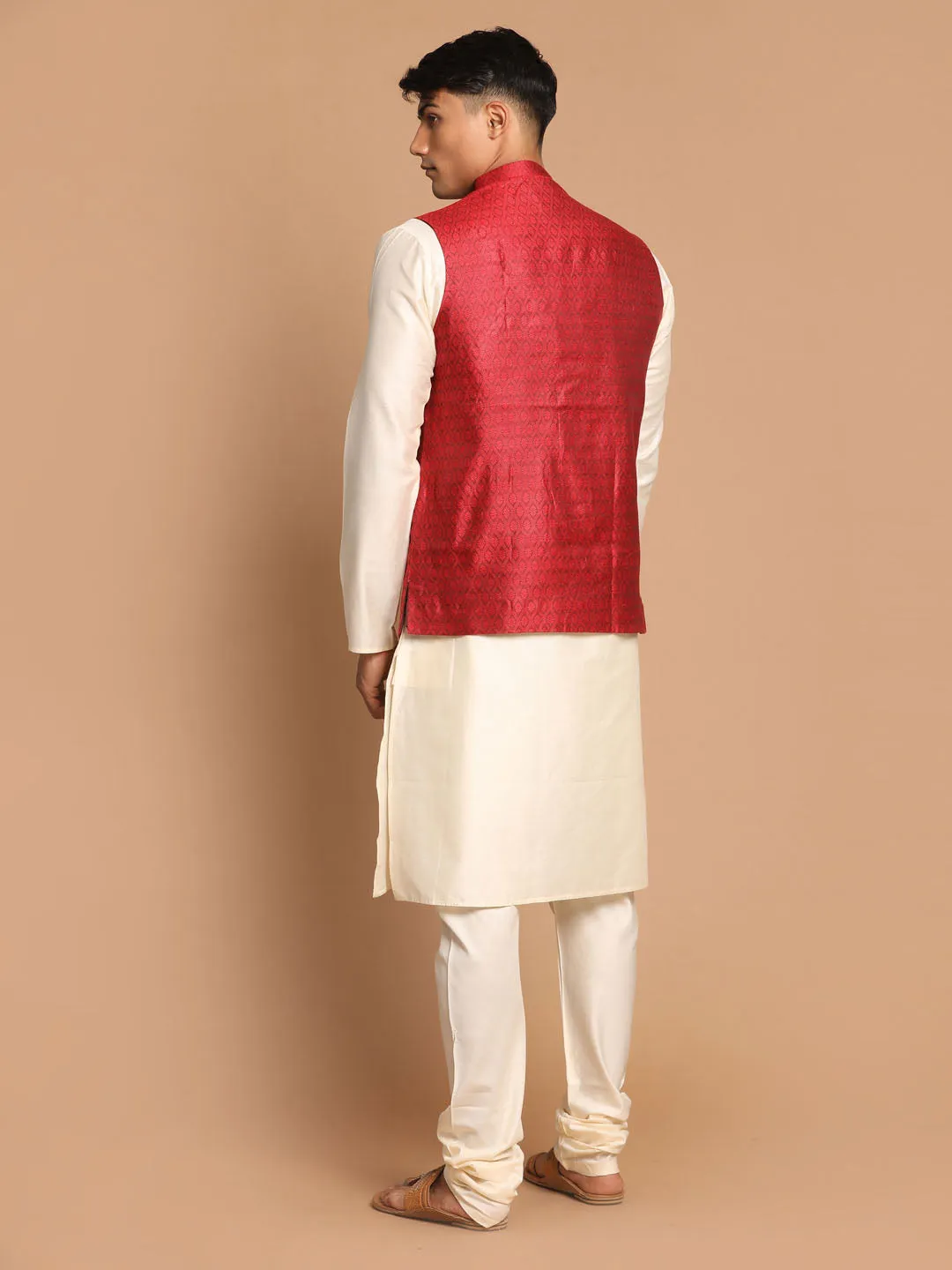 VASTRAMAY Men's Maroon Jacquard Nehru Jacket with Kurta Pyjama Set