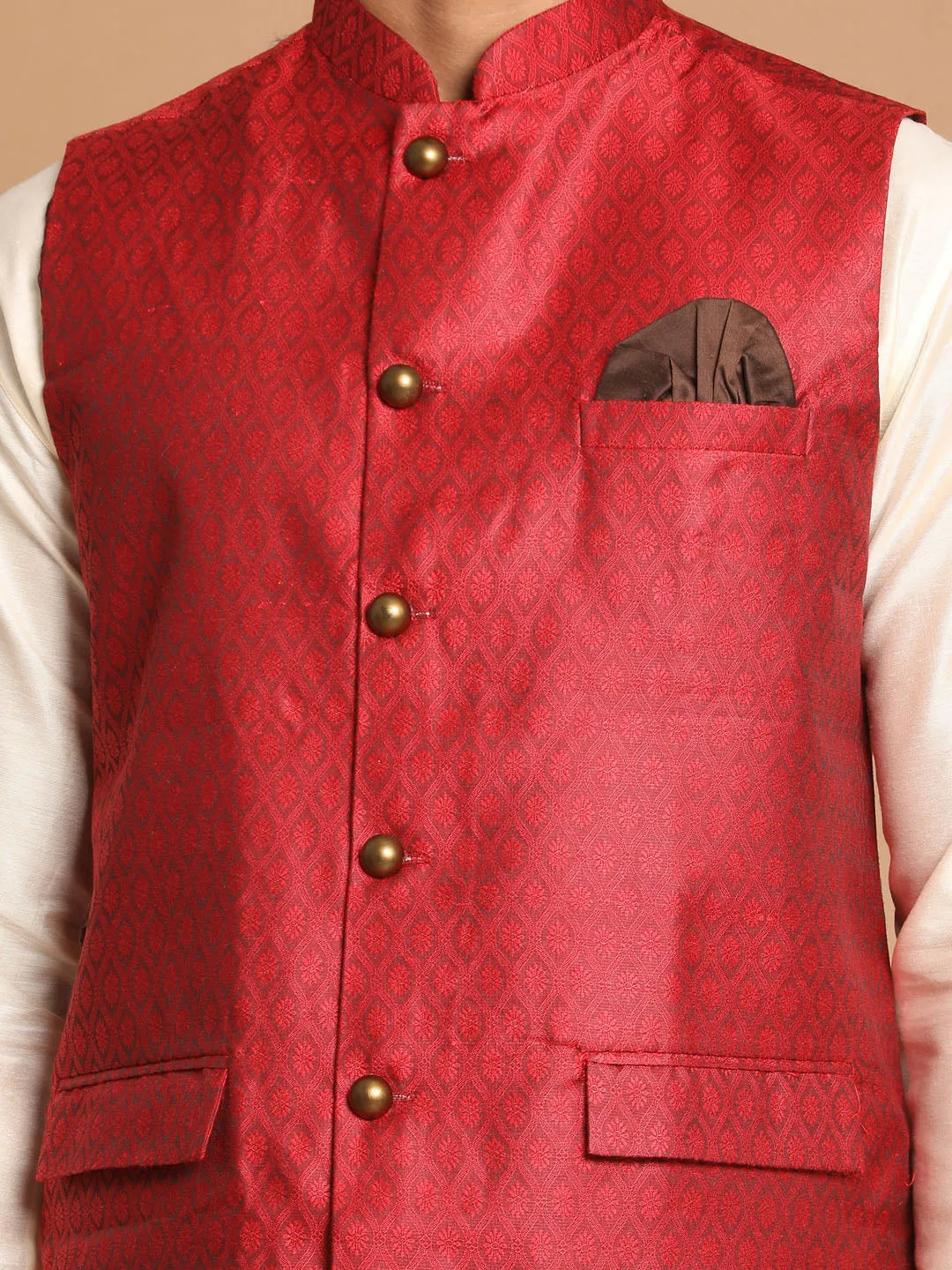 VASTRAMAY Men's Maroon Jacquard Nehru Jacket with Kurta Pyjama Set