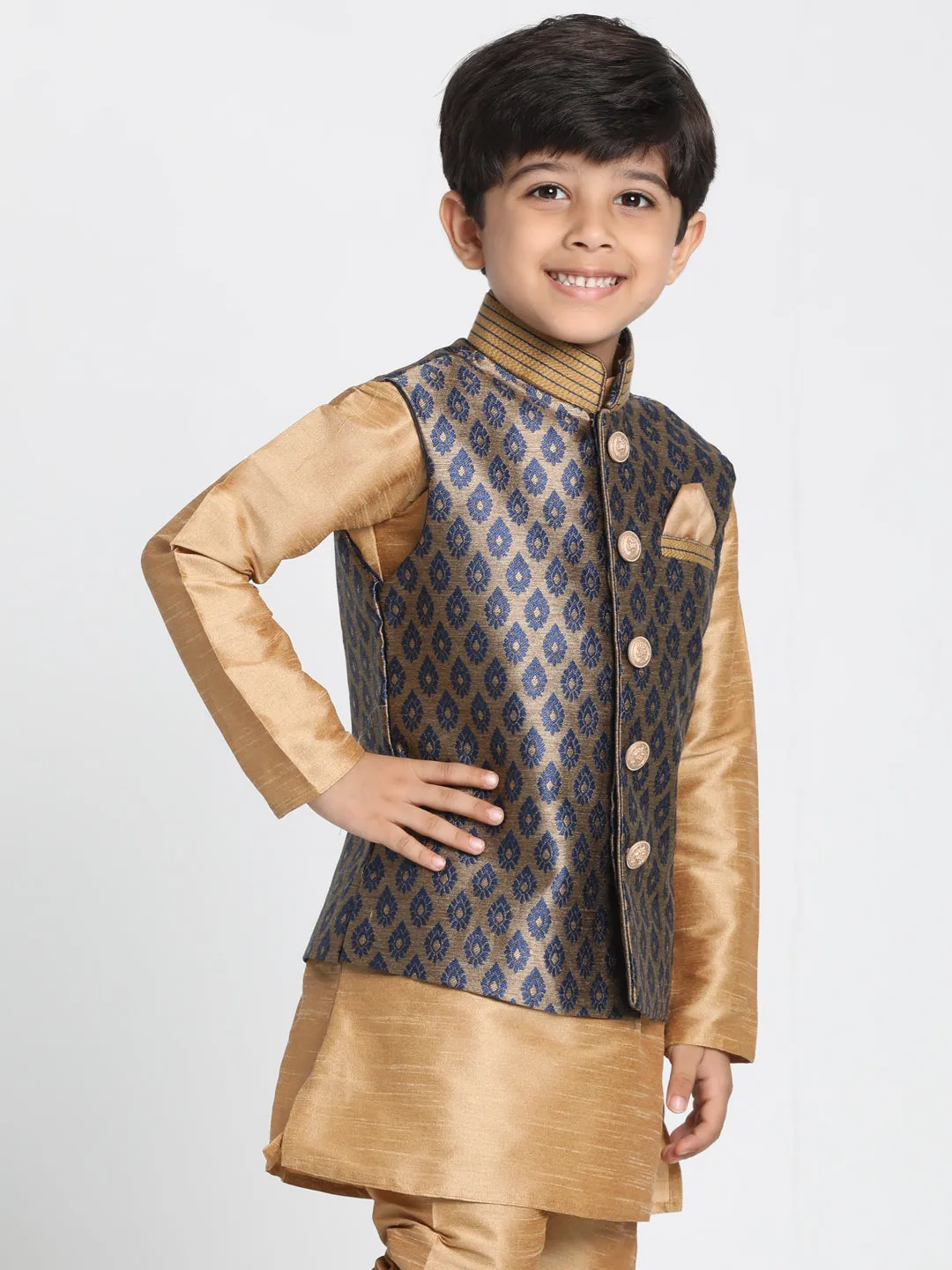 Vastramay Silk Blend Navy Blue And Gold Baap Beta Ethnic Jacket