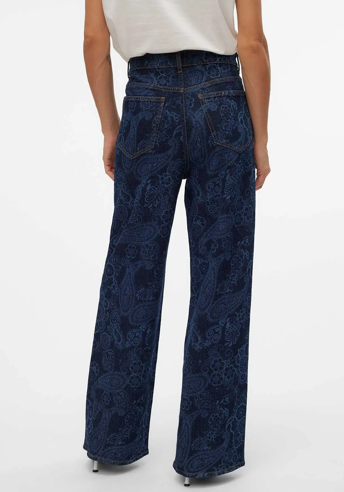 Vero Moda Kathy Paisley High Rise Wide Leg Jeans, Dark Blue Denim