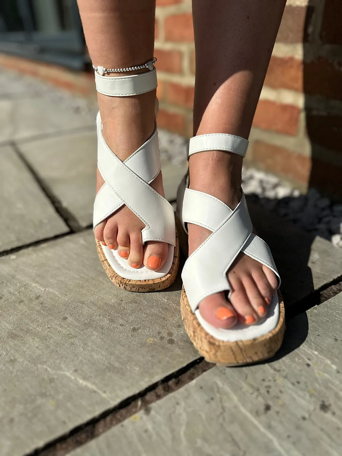 White Cross Over Cork Sandals