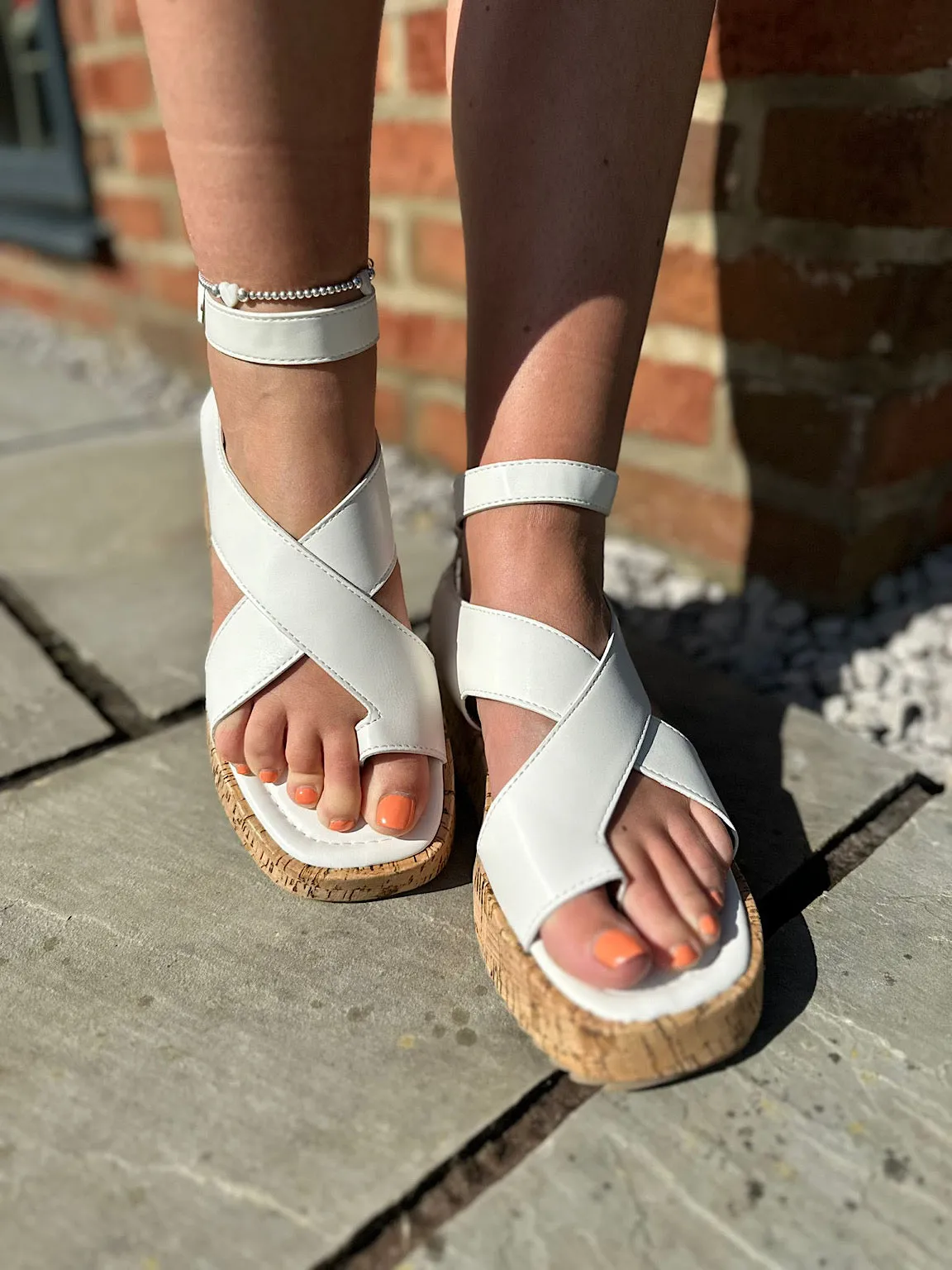 White Cross Over Cork Sandals