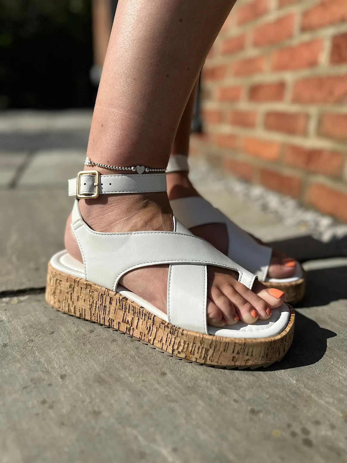 White Cross Over Cork Sandals