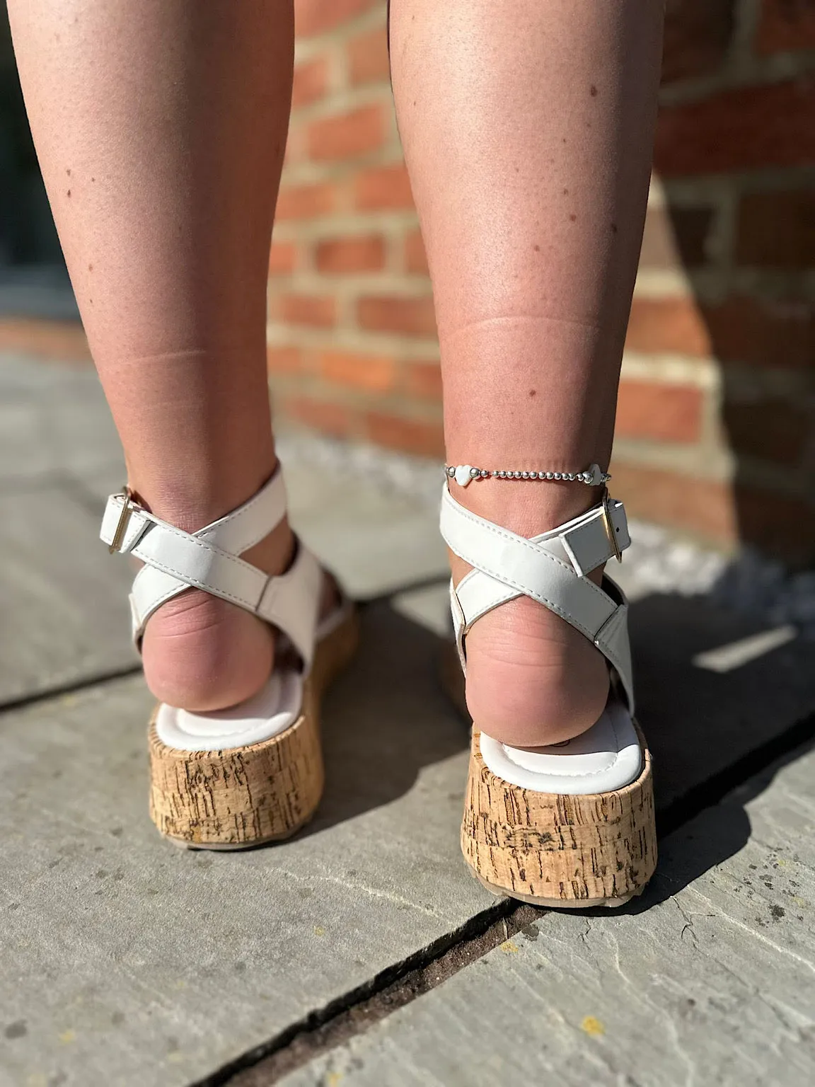 White Cross Over Cork Sandals