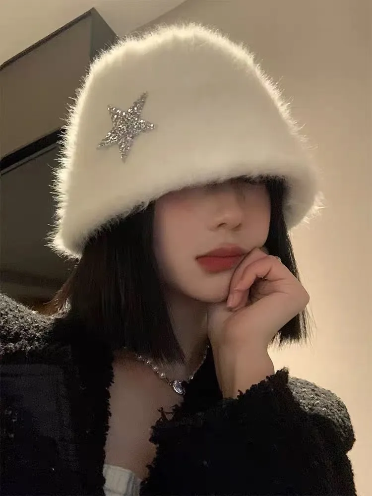 White rabbit fur fisherman hat for women in autumn and winter, Japanese-style face-showing small warm bucket hat, Korean style l