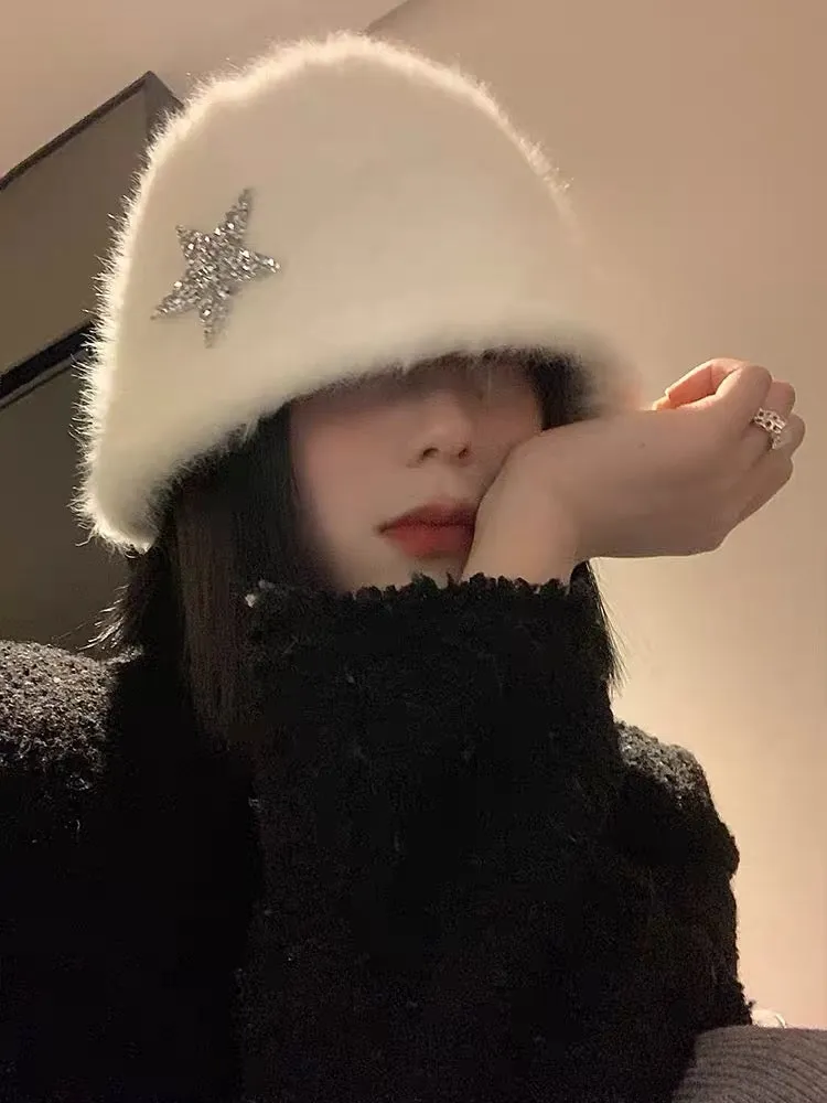 White rabbit fur fisherman hat for women in autumn and winter, Japanese-style face-showing small warm bucket hat, Korean style l