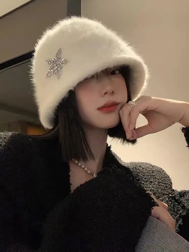 White rabbit fur fisherman hat for women in autumn and winter, Japanese-style face-showing small warm bucket hat, Korean style l