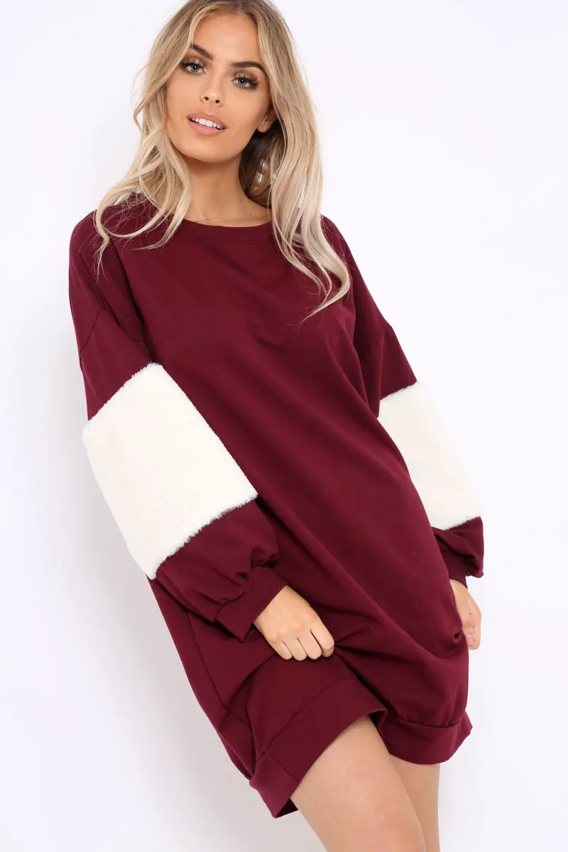 Wine Jumper Dress with Fur Sleeves - Paris