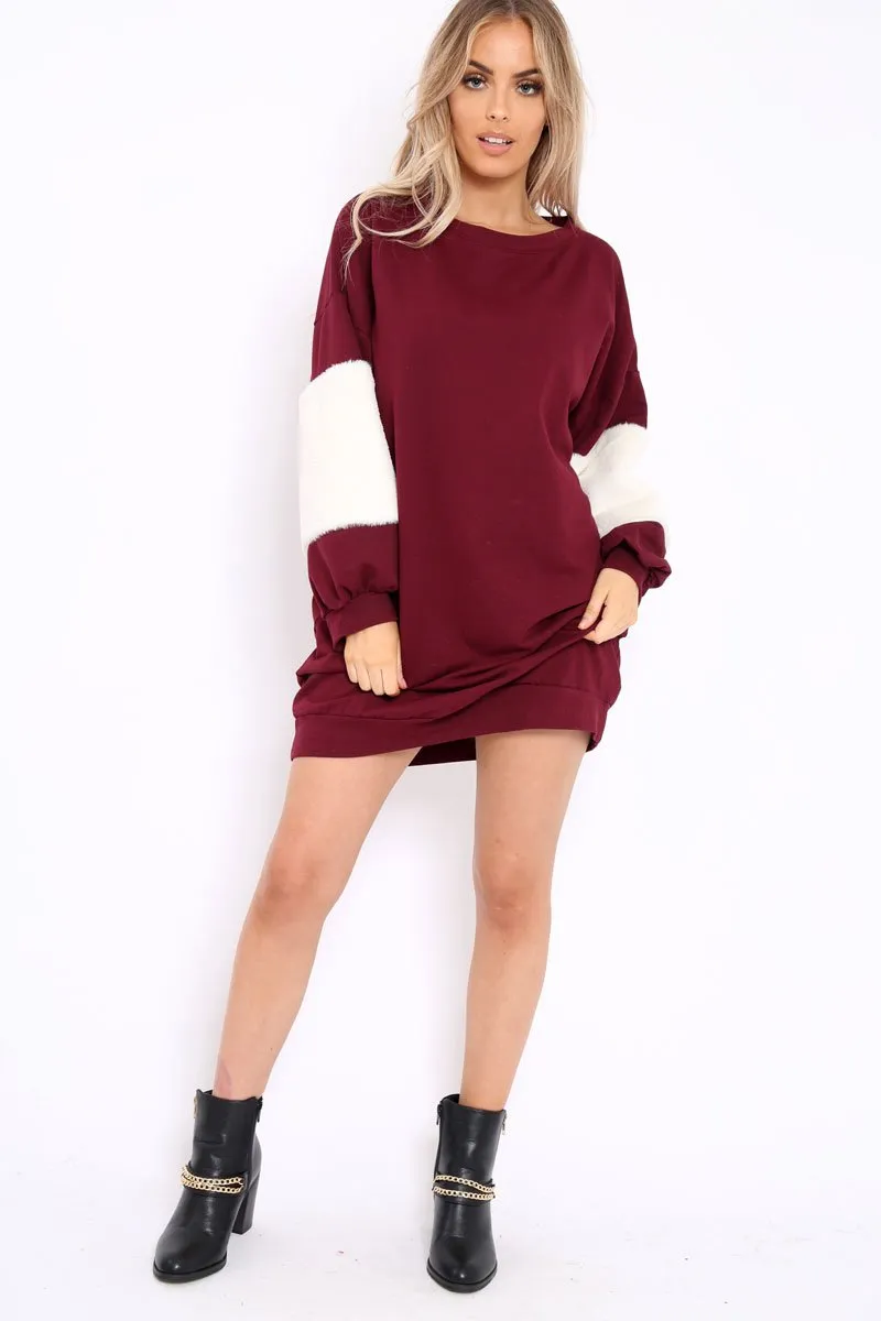 Wine Jumper Dress with Fur Sleeves - Paris