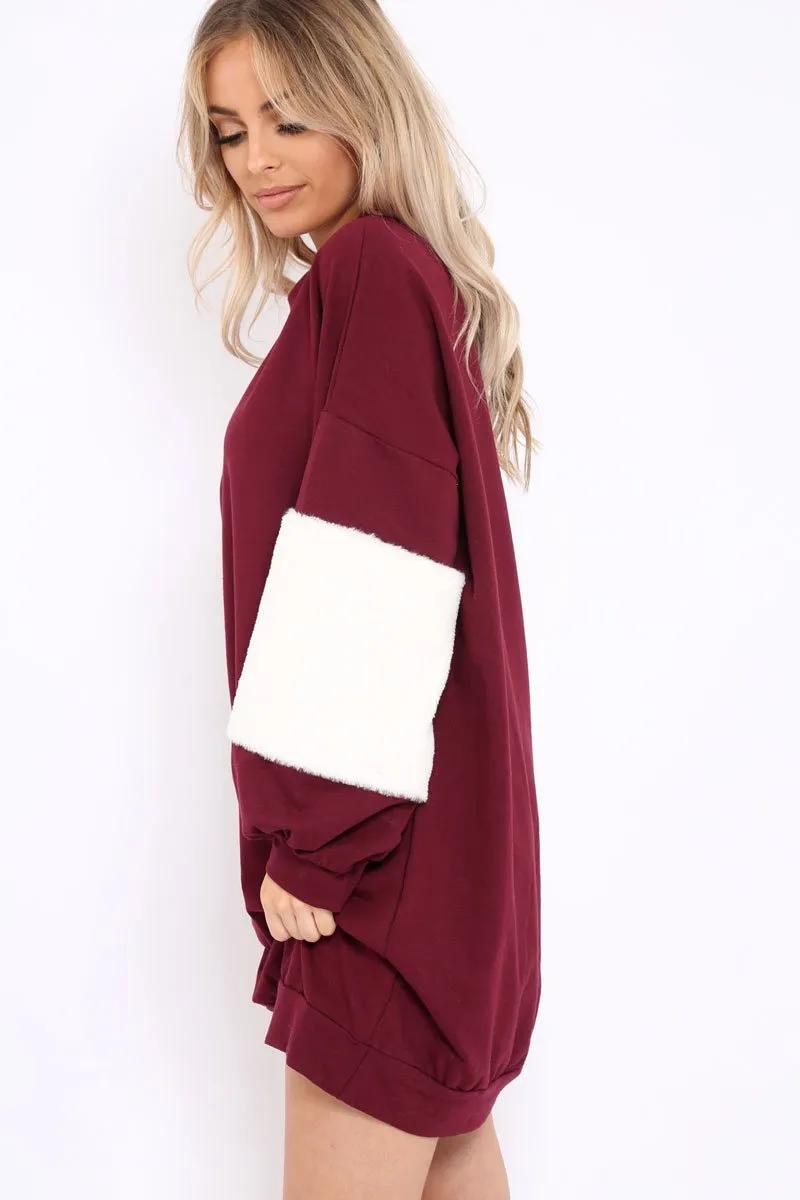 Wine Jumper Dress with Fur Sleeves - Paris