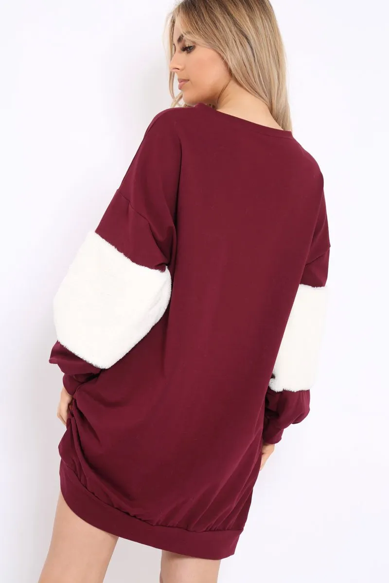 Wine Jumper Dress with Fur Sleeves - Paris