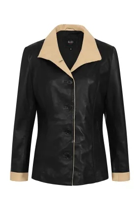 Women's Fitted Classic Button Front Real Leather Jacket - MOLLY