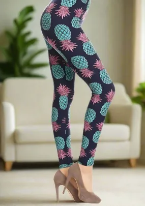 Womens Pineapple Leggings, Soft Yoga Pants, Sizes 0-10, No-Roll Waistband, Blue/Pink