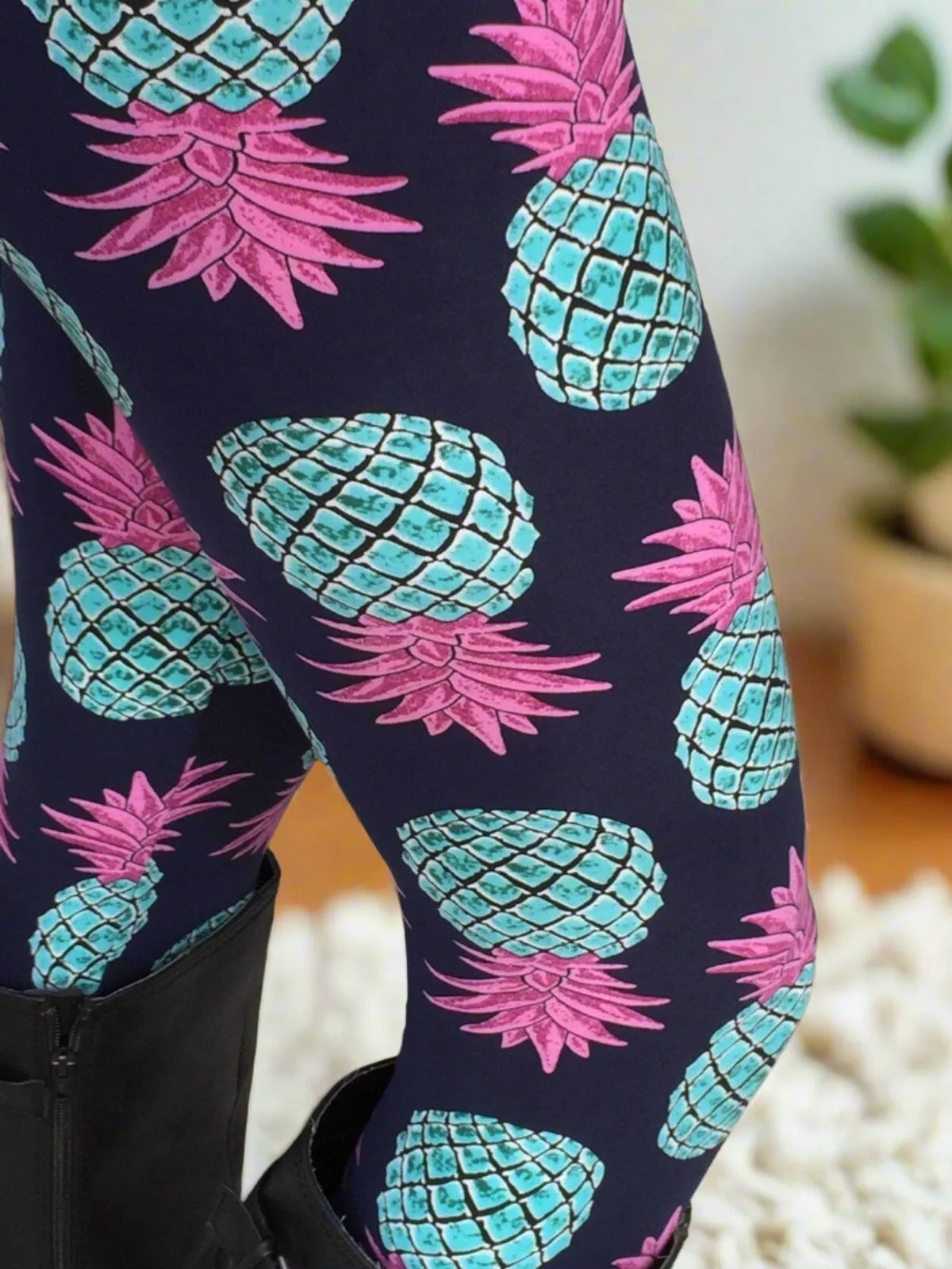 Womens Pineapple Leggings, Soft Yoga Pants, Sizes 0-10, No-Roll Waistband, Blue/Pink