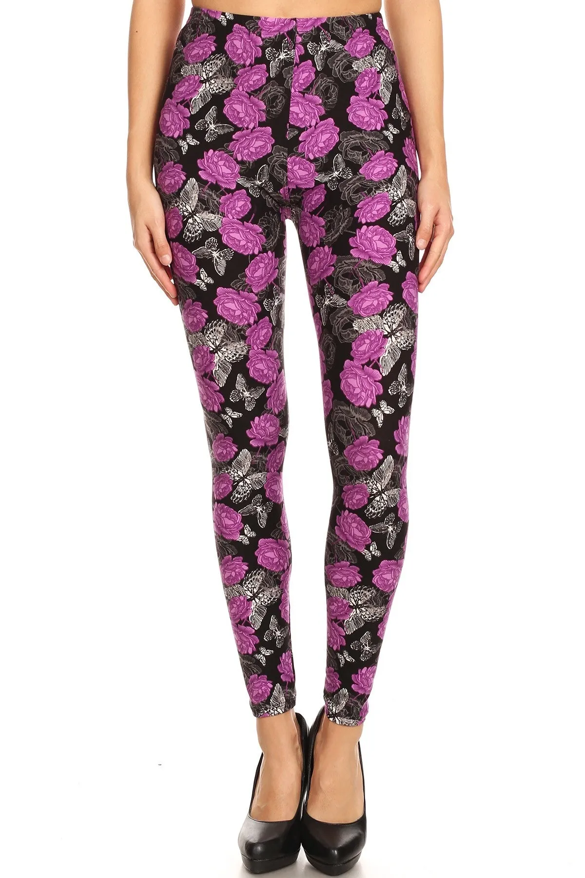 Women's Plus Purple Rose Butterfly Pattern Printed Leggings