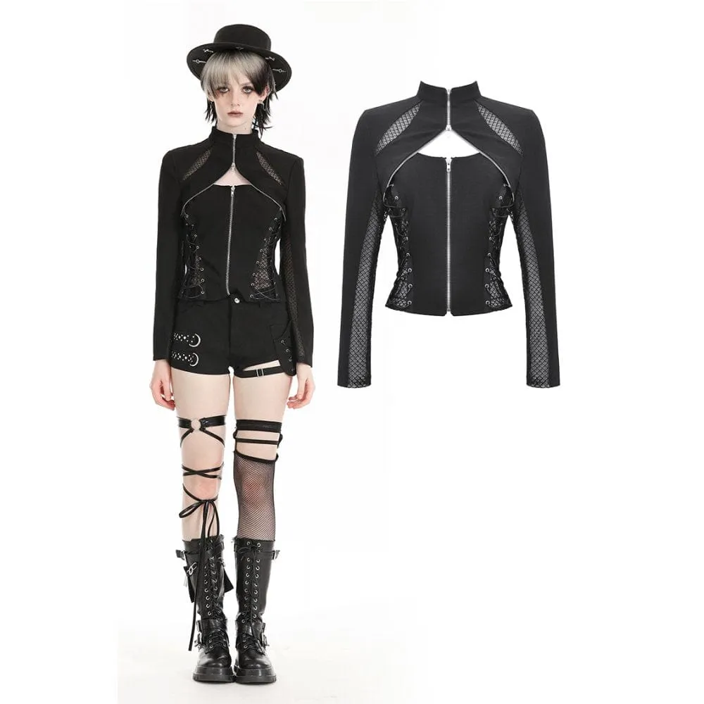 Women's Punk Stand Collar Mesh Splice Jacket