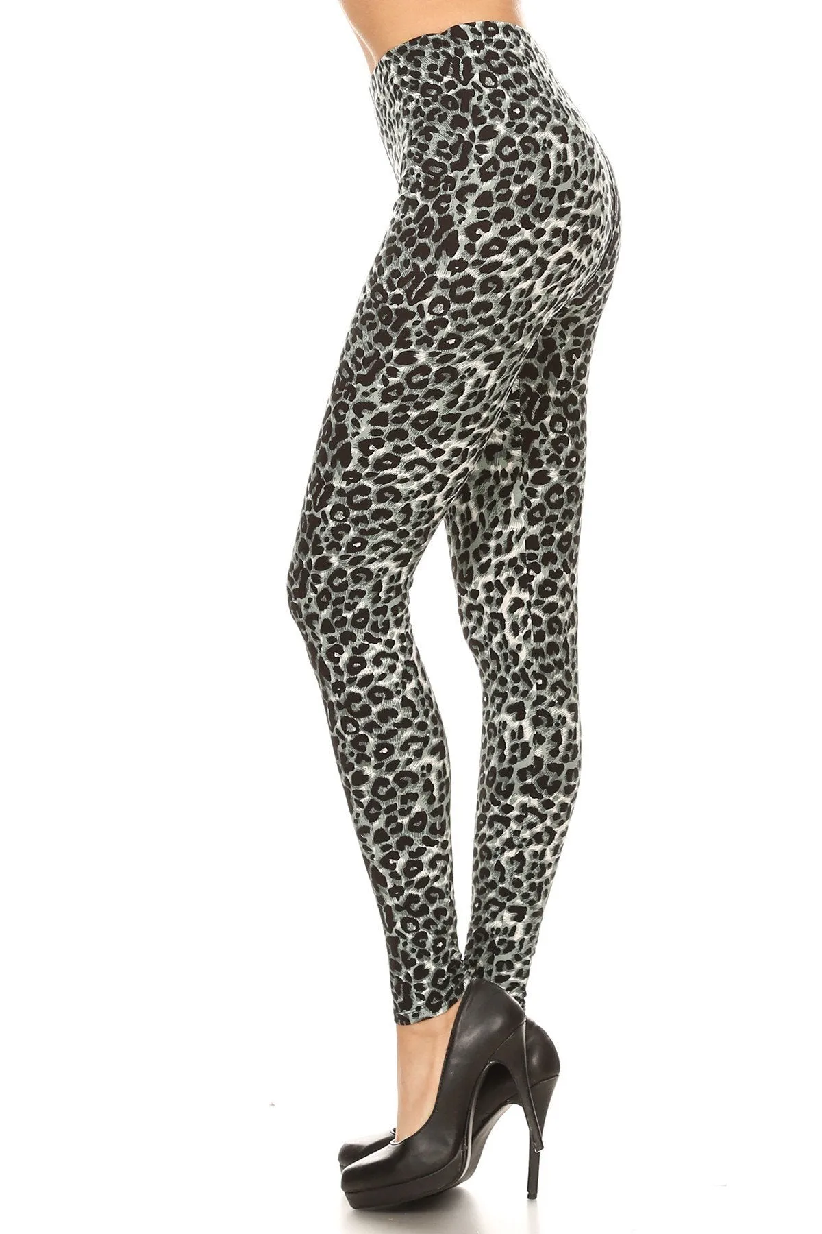 Women's Regular Grey Leopard Animal Skin Pattern Printed Leggings