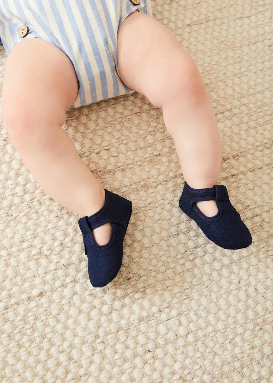 Woven T-Bar Pram Shoes in Navy (17-20EU)