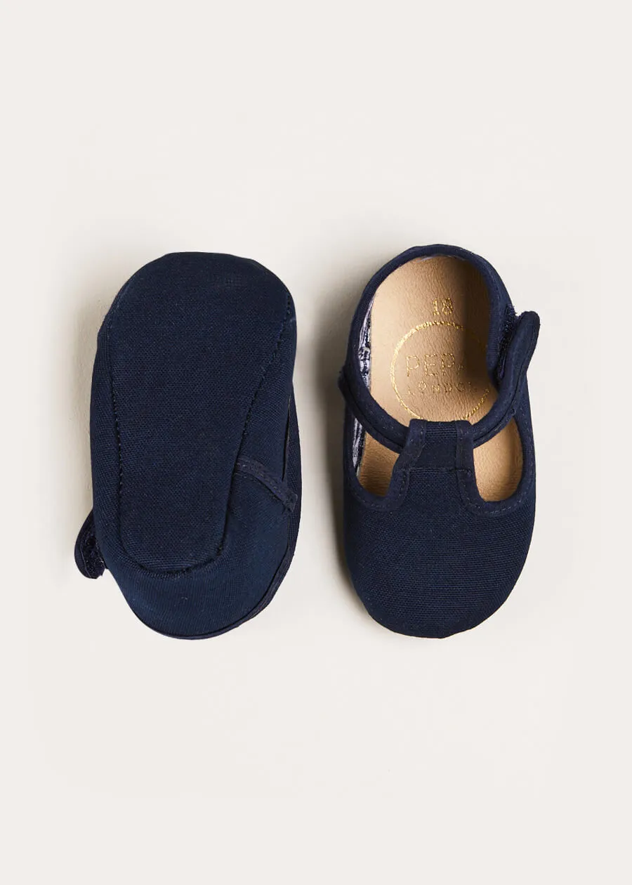 Woven T-Bar Pram Shoes in Navy (17-20EU)