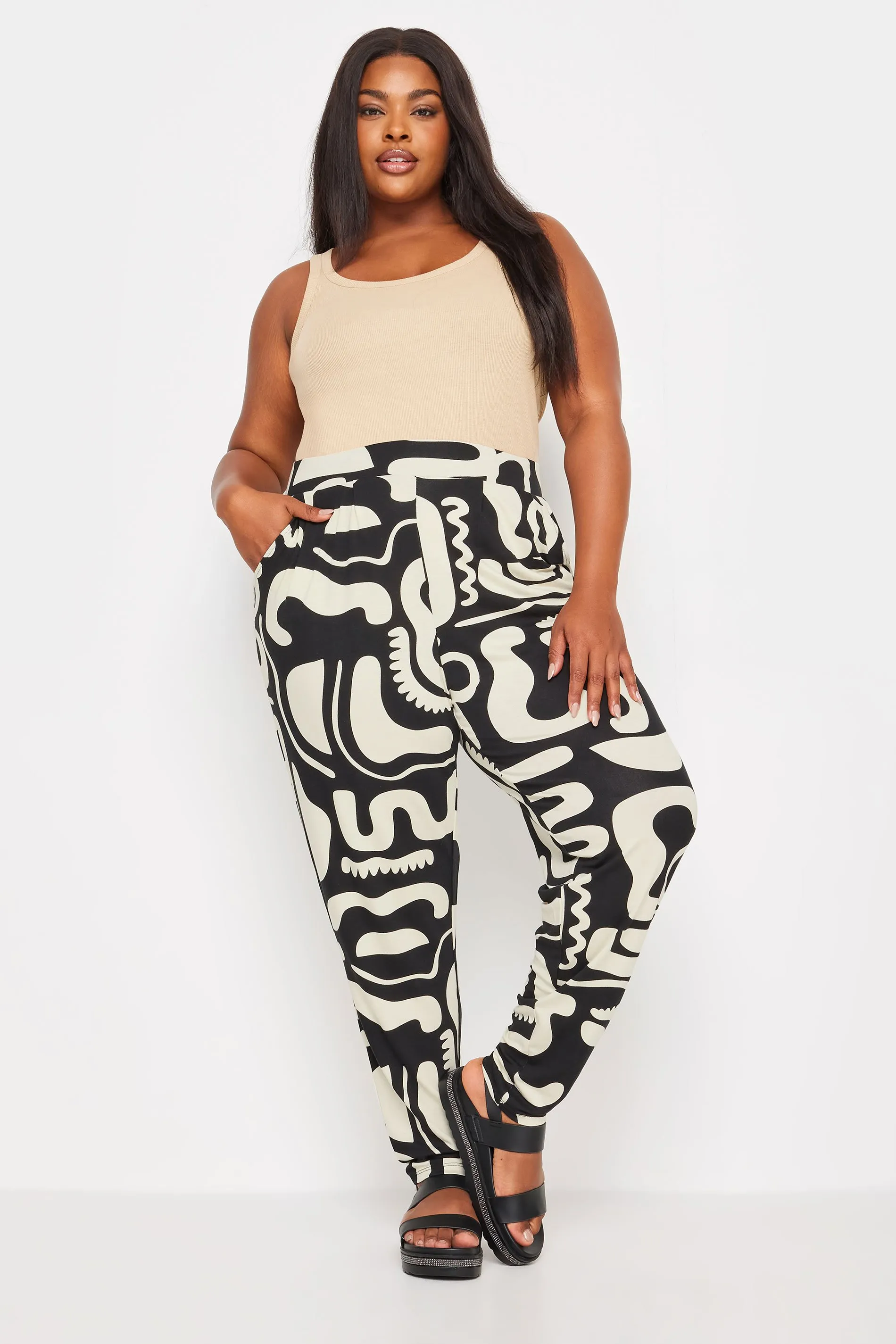 YOURS Curve Black & White Abstract Print Harem Trousers