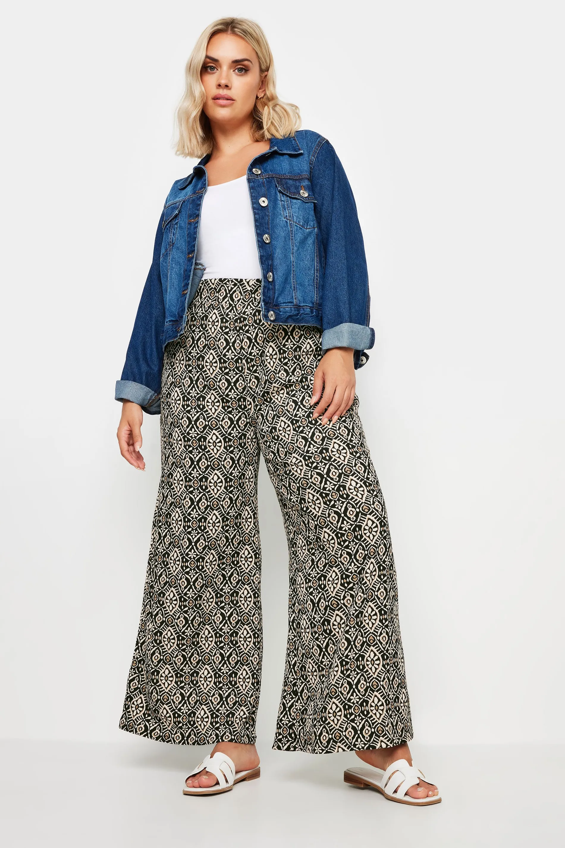 YOURS Curve Black Tile Print Textured Wide Leg Trousers