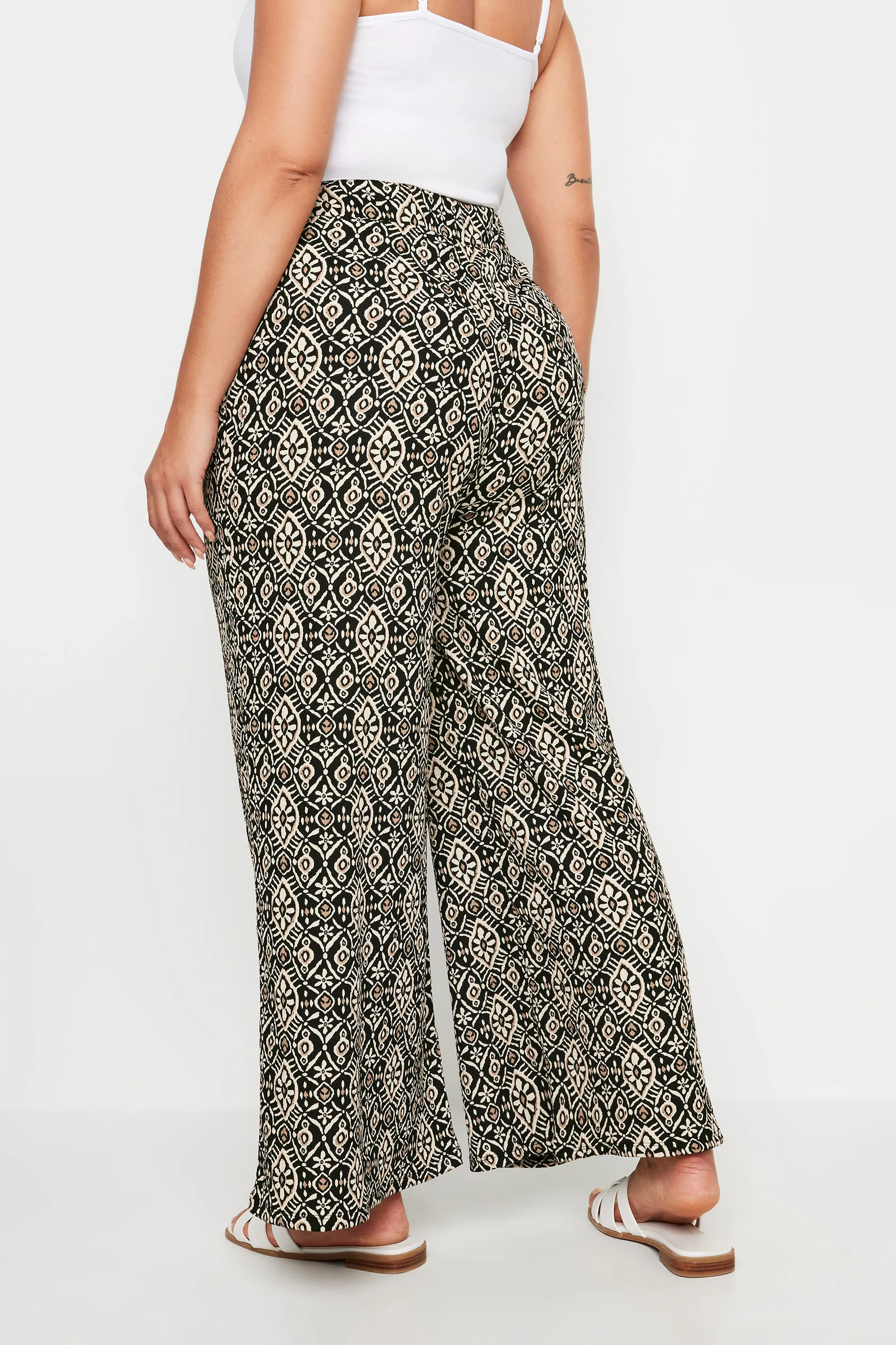 YOURS Curve Black Tile Print Textured Wide Leg Trousers