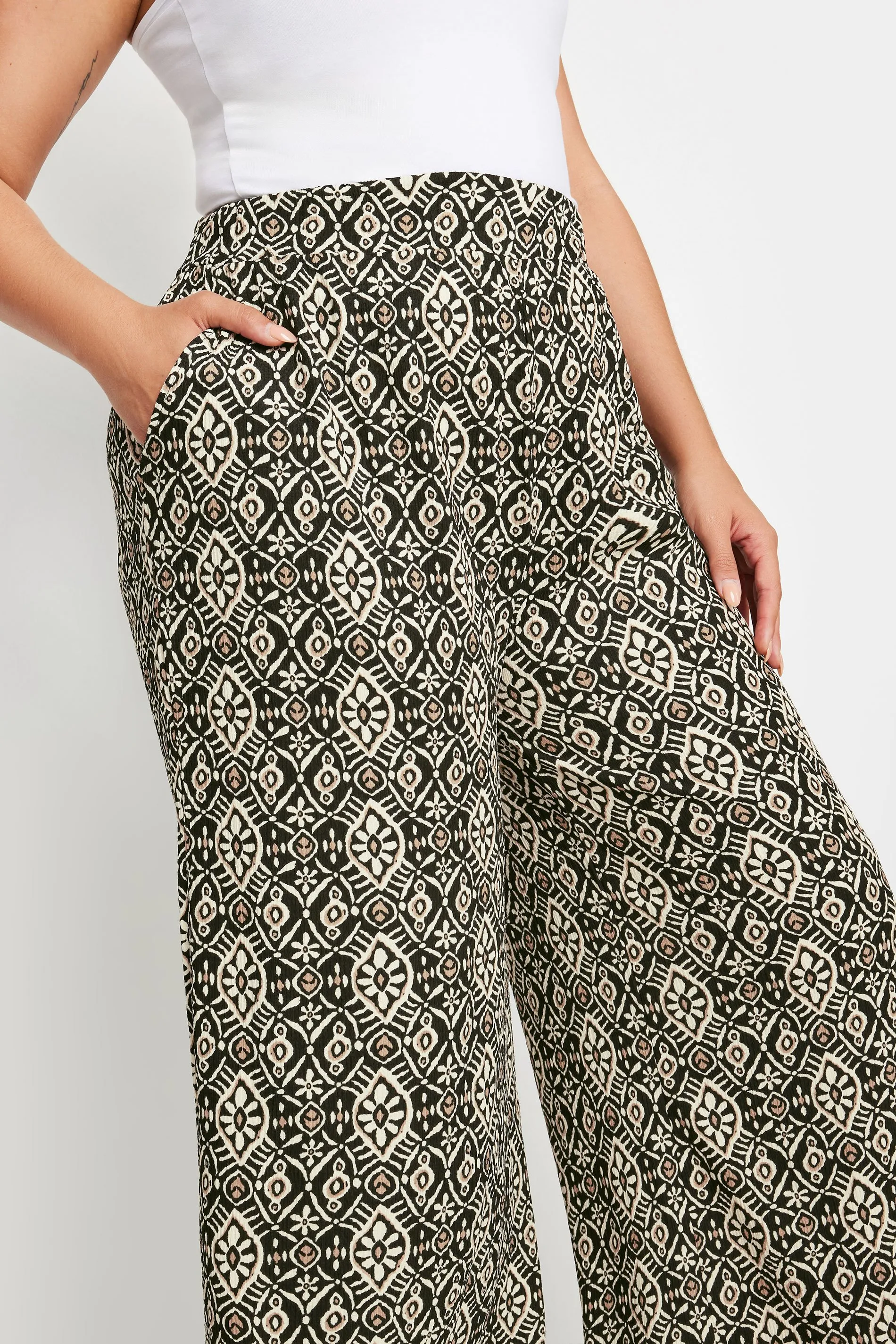 YOURS Curve Black Tile Print Textured Wide Leg Trousers