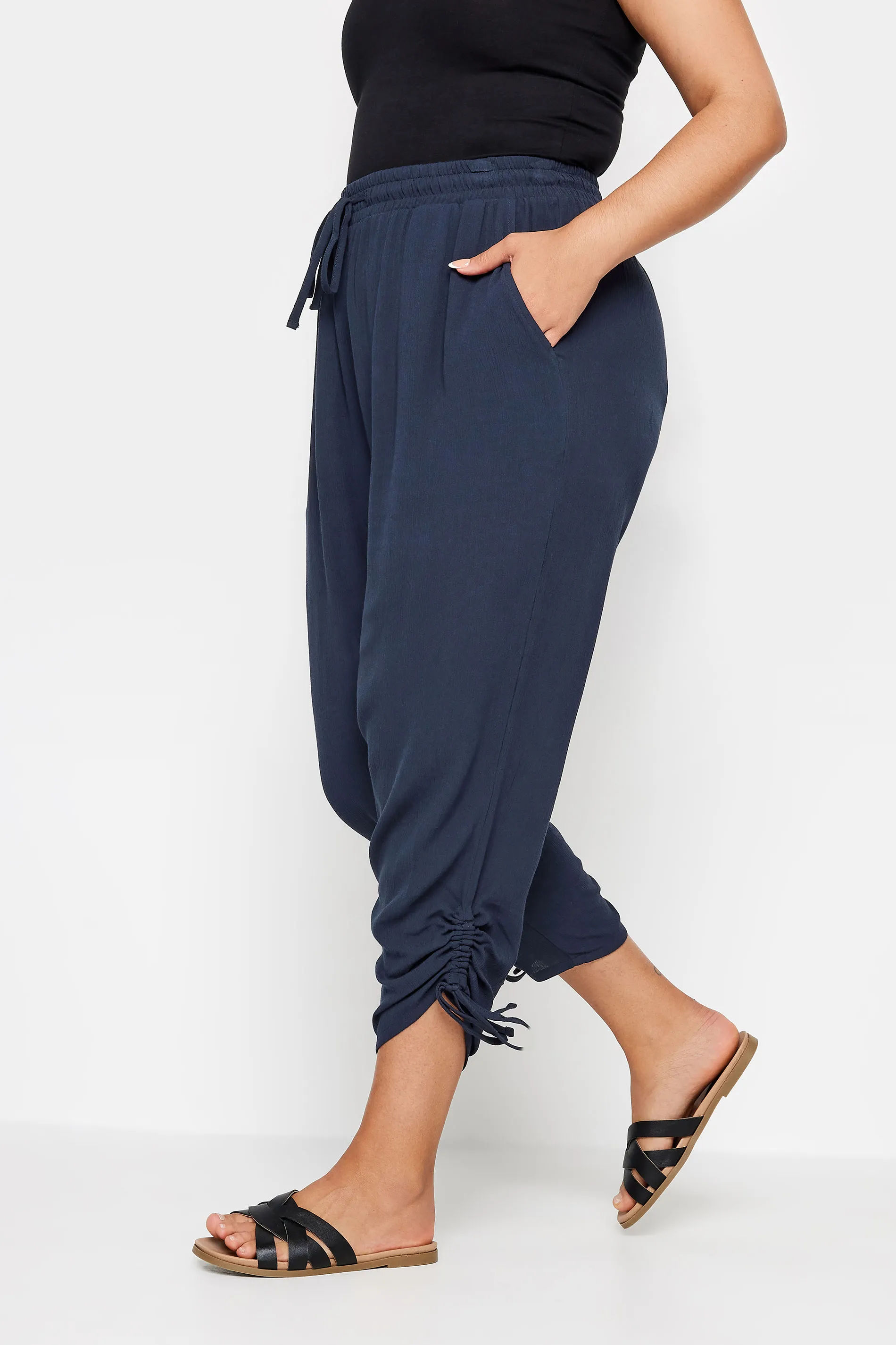 YOURS Curve Navy Blue Crinkle Ruched Cropped Trousers