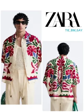 ZARA  |Flower Patterns Linen Short Sleeves Shirts