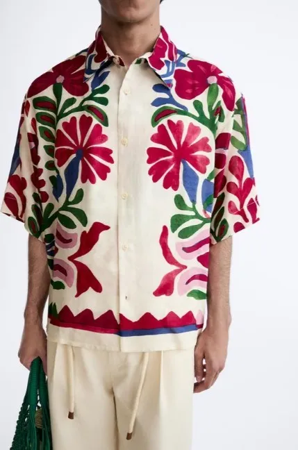 ZARA  |Flower Patterns Linen Short Sleeves Shirts