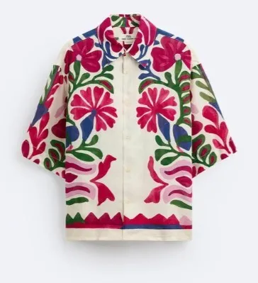 ZARA  |Flower Patterns Linen Short Sleeves Shirts